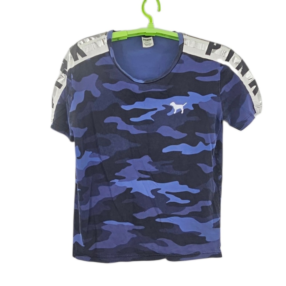 PINK Victoria's Secret Blue Camo T-Shirt Silver Metallic Logo Trim - Size M